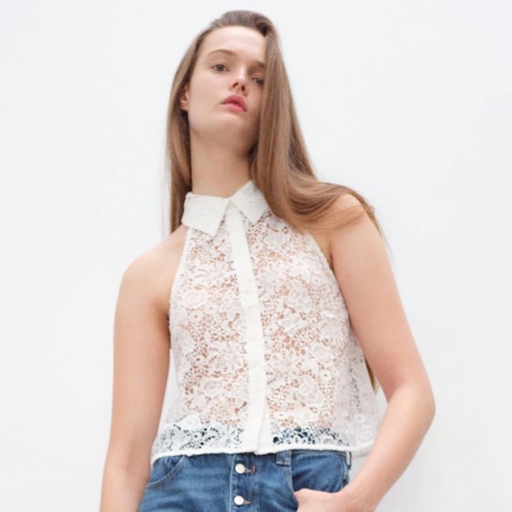 [Zara] White Floral Crochet Lace Collared Top